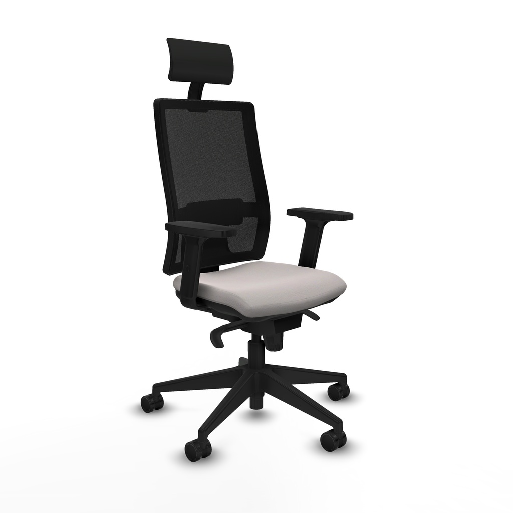 Horna sincro malla negra similpiel blanco brazos 2D base piramidal cabecero fijo ruedas 65mm nailon
