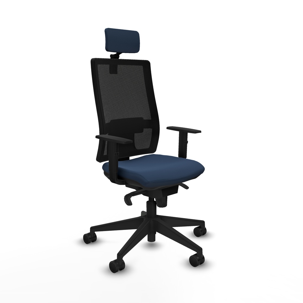Horna sincro malla negra similpiel azul marino brazos 1D base piramidal cabecero 2D ruedas 65mm nailon