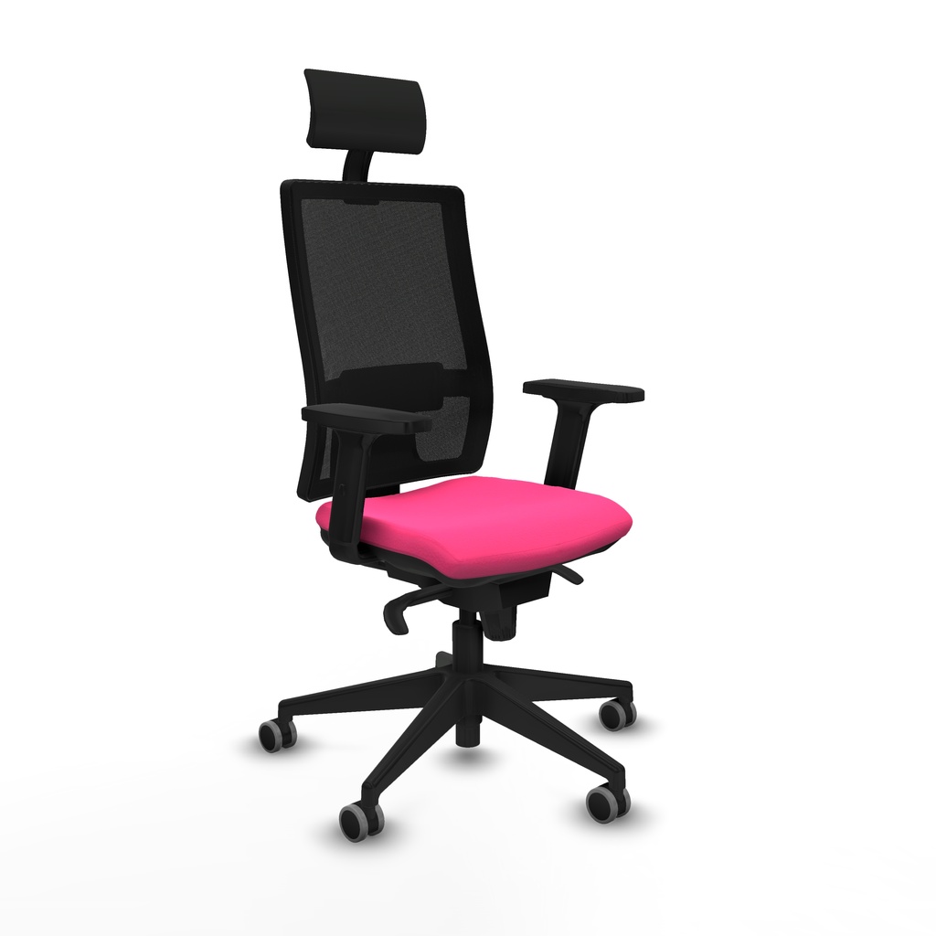 Horna sincro malla negra similpiel rosa brazos 2D base piramidal cabecero fijo ruedas 65mm engomadas