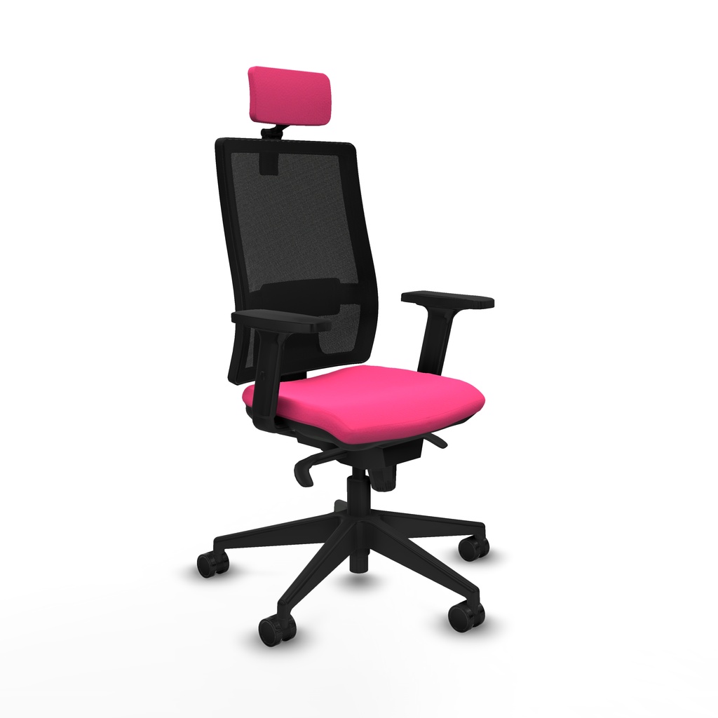 Horna sincro malla negra similpiel rosa brazos 2D base piramidal cabecero 2D ruedas 65mm nailon