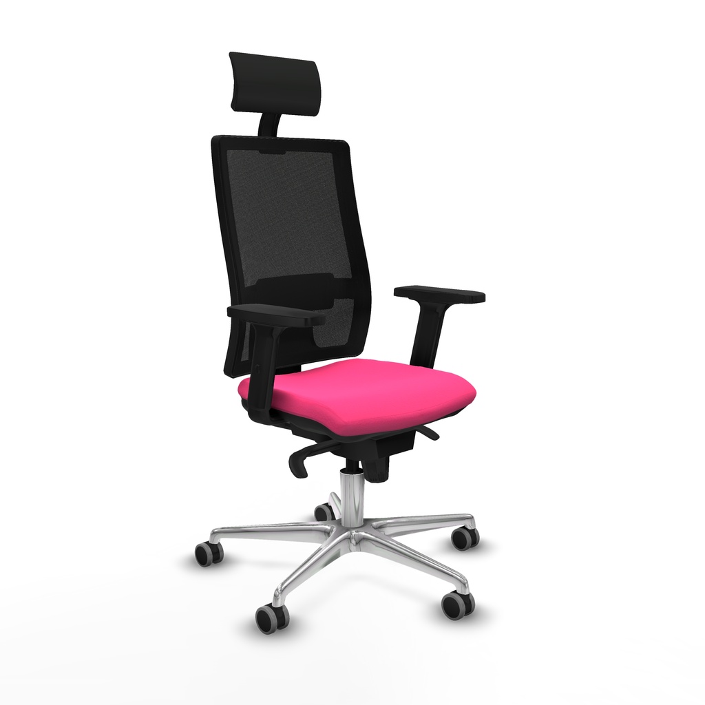 Horna sincro malla negra similpiel rosa brazos 2D base aluminio cabecero fijo ruedas 65mm engomadas
