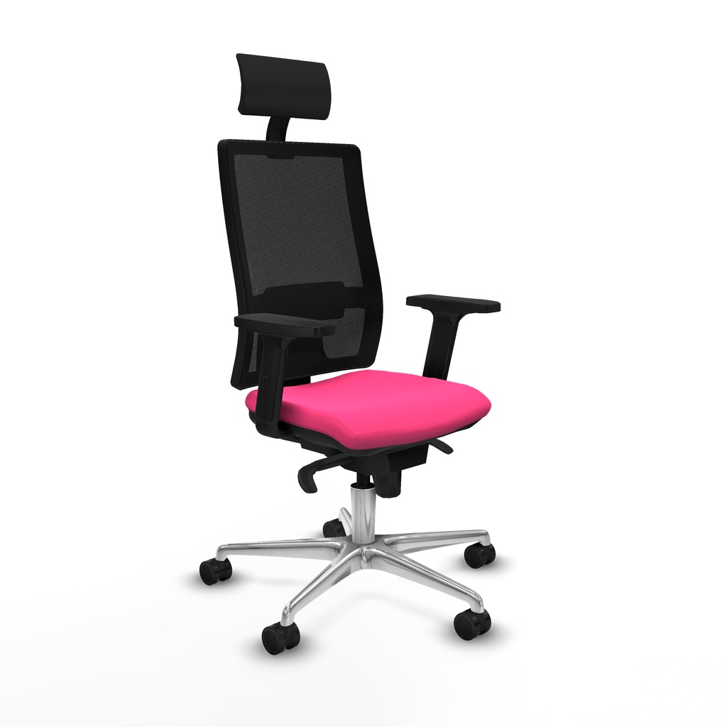 [10S4M5S24B2D086N1] Horna sincro malla negra similpiel rosa brazos 2D base aluminio cabecero fijo ruedas 65mm nailon