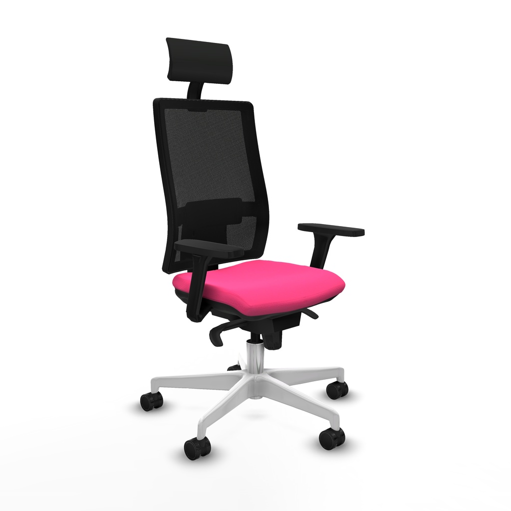 Horna sincro malla negra similpiel rosa brazos 3D base blanca cabecero fijo ruedas 65mm nailon