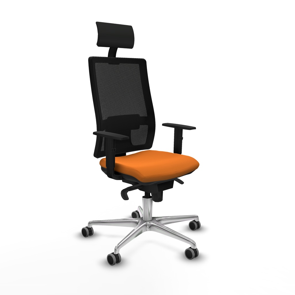 Horna sincro malla negra similpiel naranja brazos 1D base aluminio cabecero fijo ruedas 65mm engomadas
