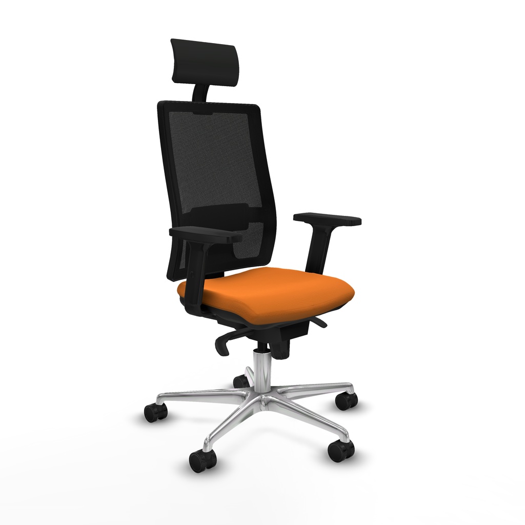 Horna sincro malla negra similpiel naranja brazos 2D base aluminio cabecero fijo ruedas 65mm nailon