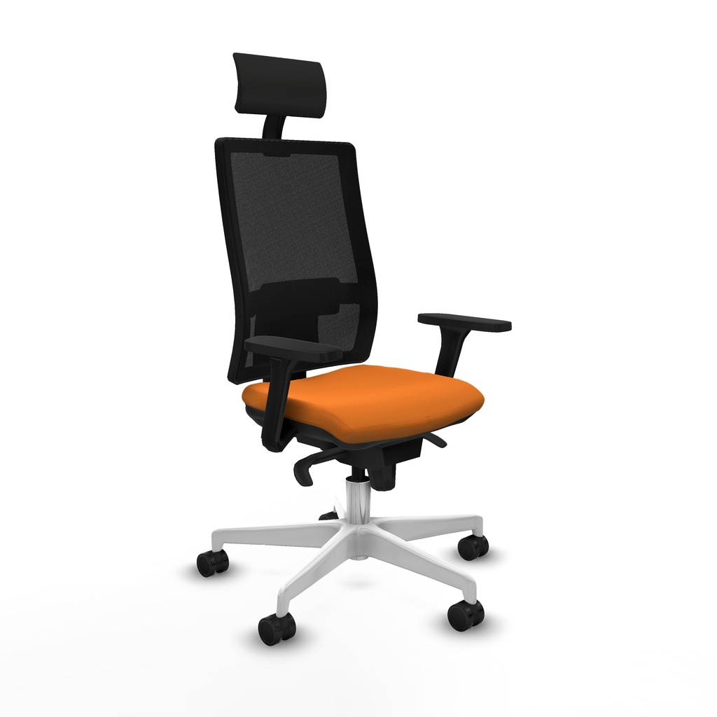 Horna sincro malla negra similpiel naranja brazos 3D base blanca cabecero fijo ruedas 65mm nailon