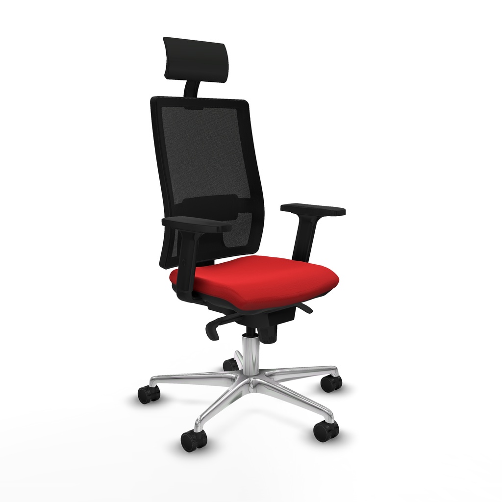 Horna sincro malla negra similpiel rojo brazos 2D base aluminio cabecero fijo ruedas 65mm nailon