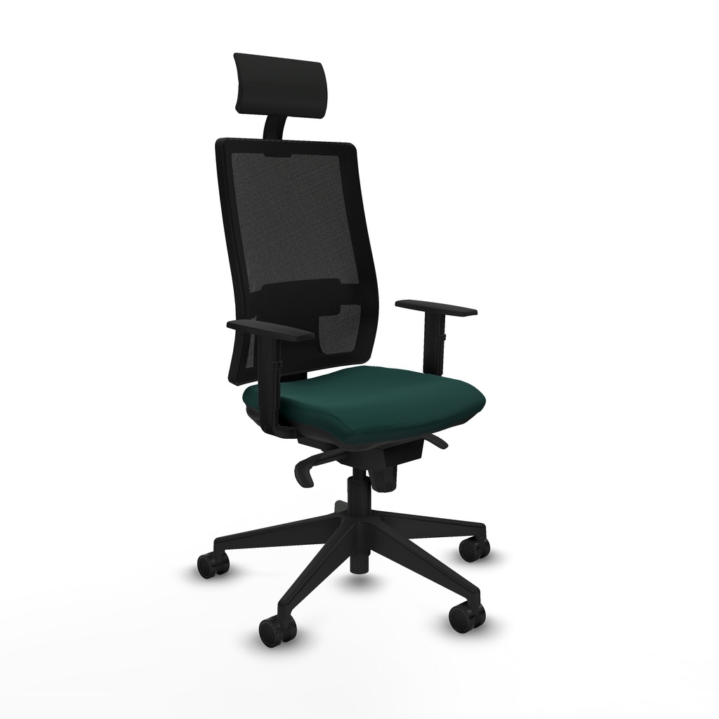 Horna sincro malla negra similpiel verde botella brazos 1D base piramidal cabecero fijo ruedas 65mm nailon