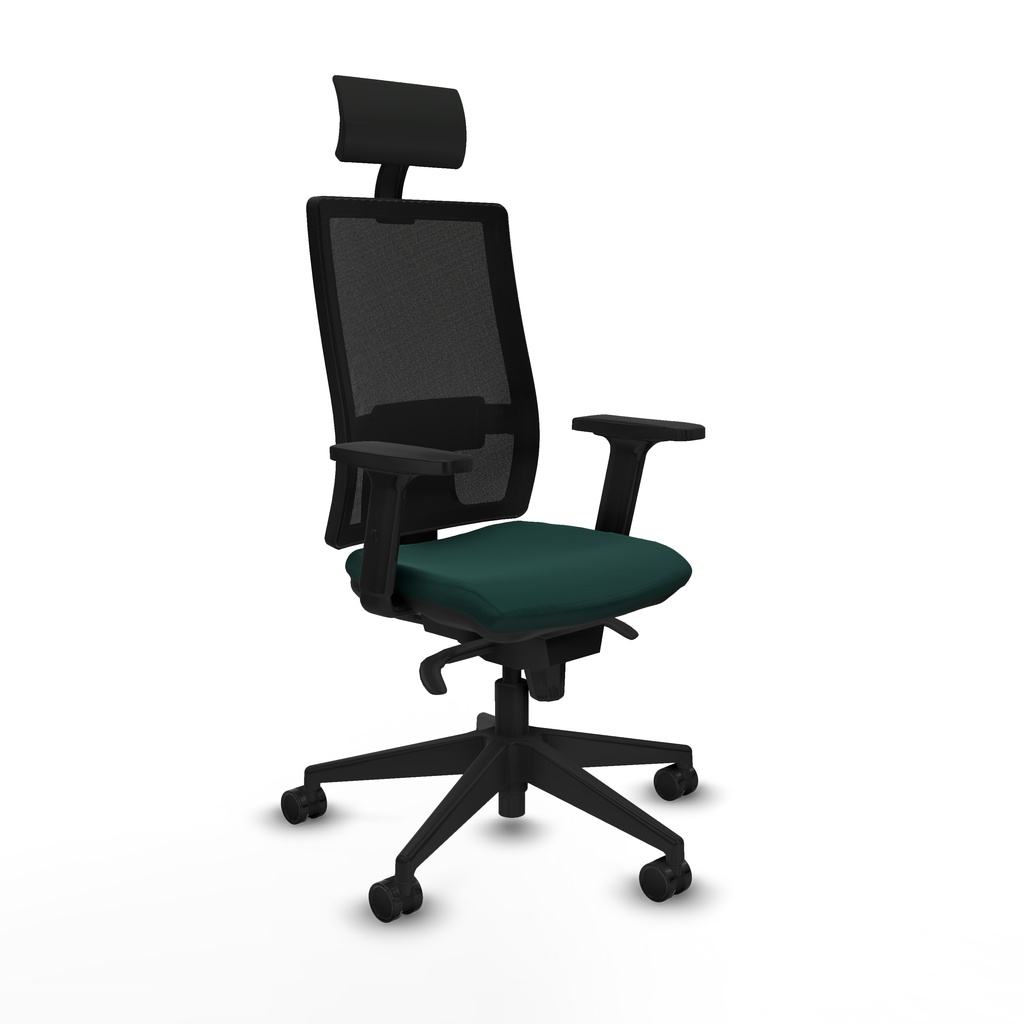Horna sincro malla negra similpiel verde botella brazos 2D base piramidal cabecero fijo ruedas 65mm nailon
