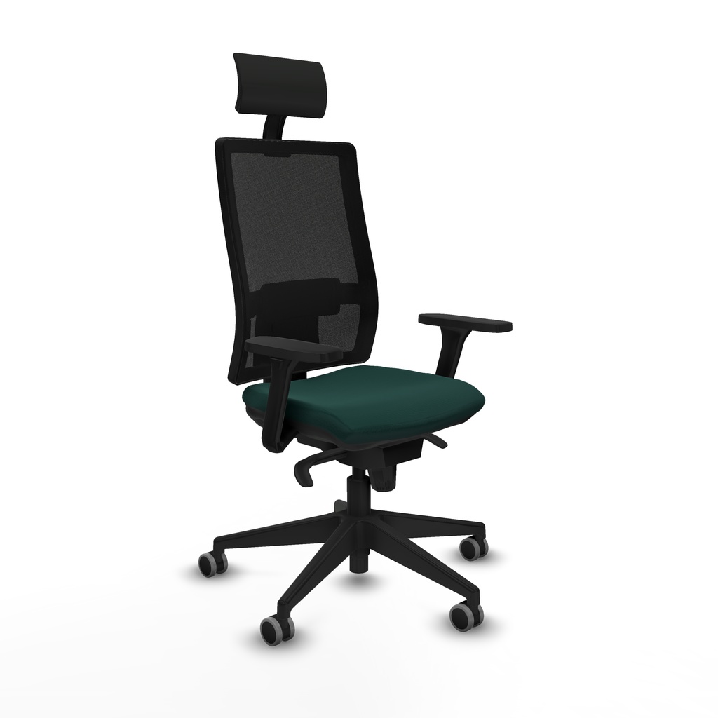 Horna sincro malla negra similpiel verde botella brazos 3D base piramidal cabecero fijo ruedas 65mm engomadas