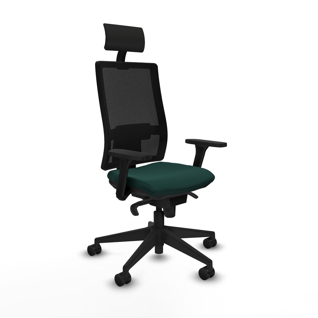 Horna sincro malla negra similpiel verde botella brazos 3D base piramidal cabecero fijo ruedas 65mm nailon