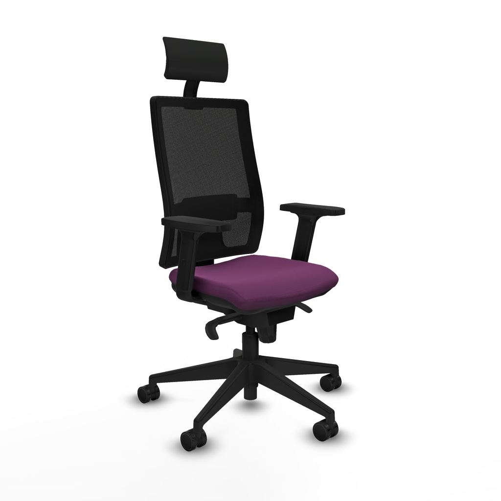Horna sincro malla negra similpiel morado brazos 2D base piramidal cabecero fijo ruedas 65mm nailon
