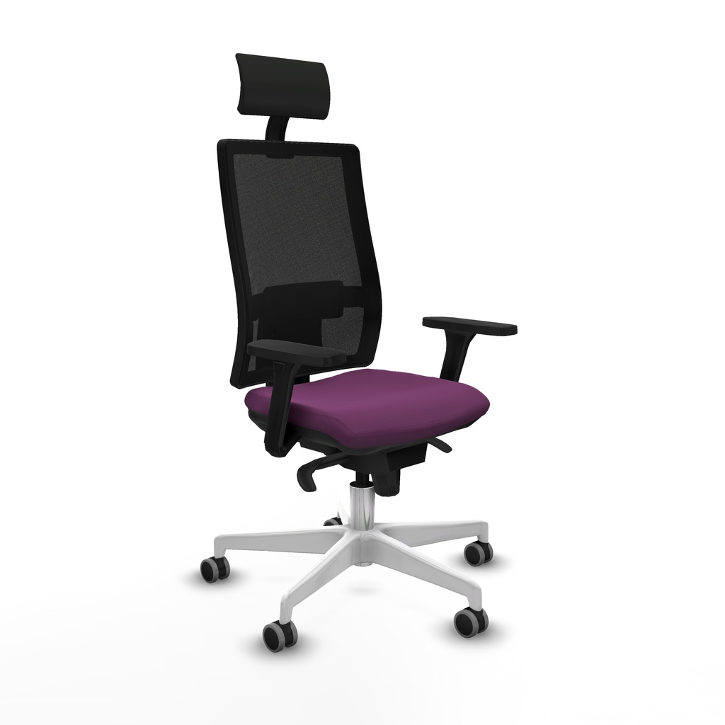 Horna sincro malla negra similpiel morado brazos 3D base blanca cabecero fijo ruedas 65mm engomadas