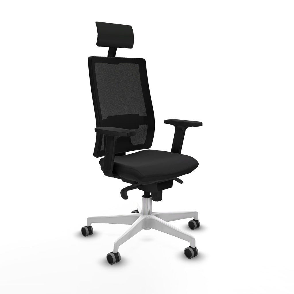 Horna sincro malla negra similpiel negro brazos 2D base blanca cabecero fijo ruedas 65mm engomadas