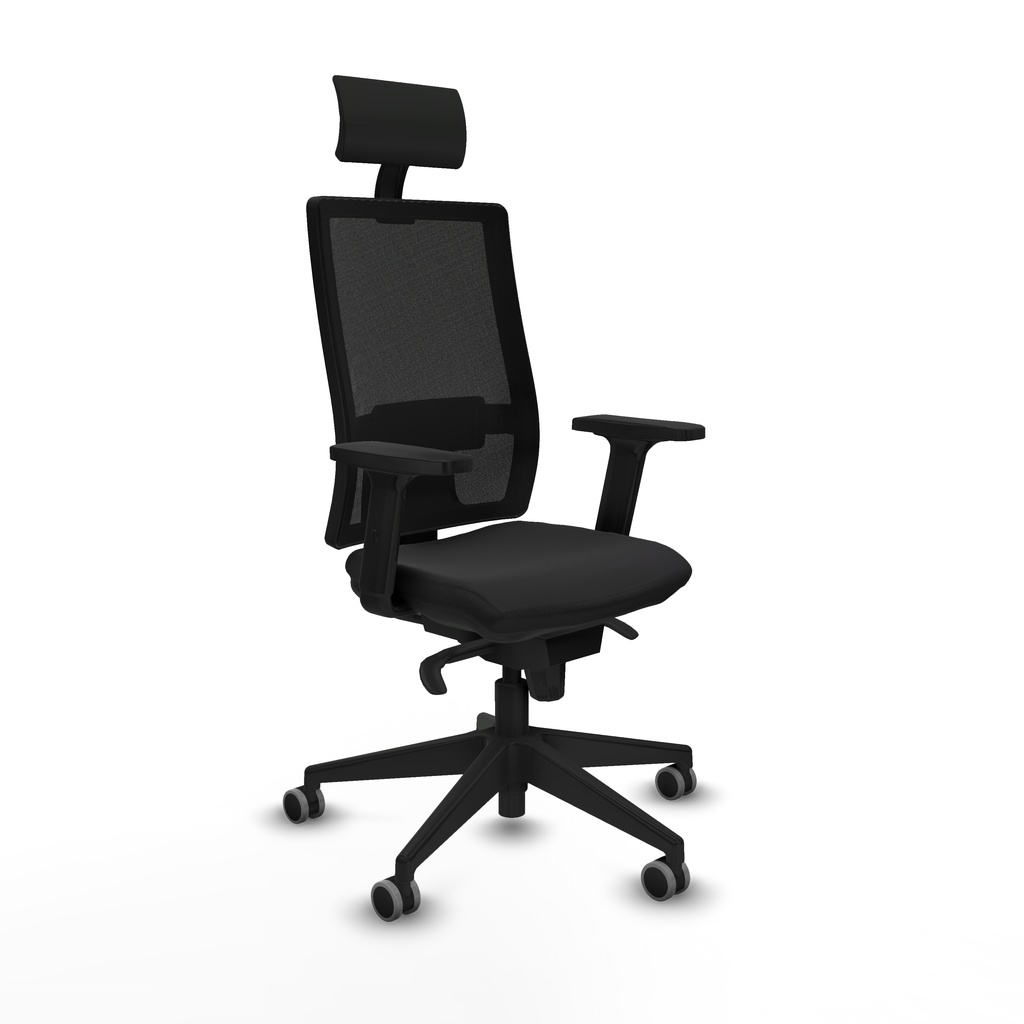 Horna sincro malla negra similpiel negro brazos 2D base piramidal cabecero fijo ruedas 65mm engomadas