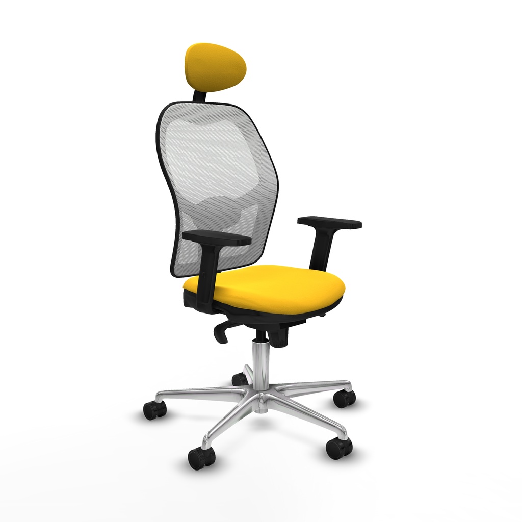 Jorquera sincro malla blanca similpiel amarillo brazos 2D base aluminio cabecero fijo ruedas 65mm nailon