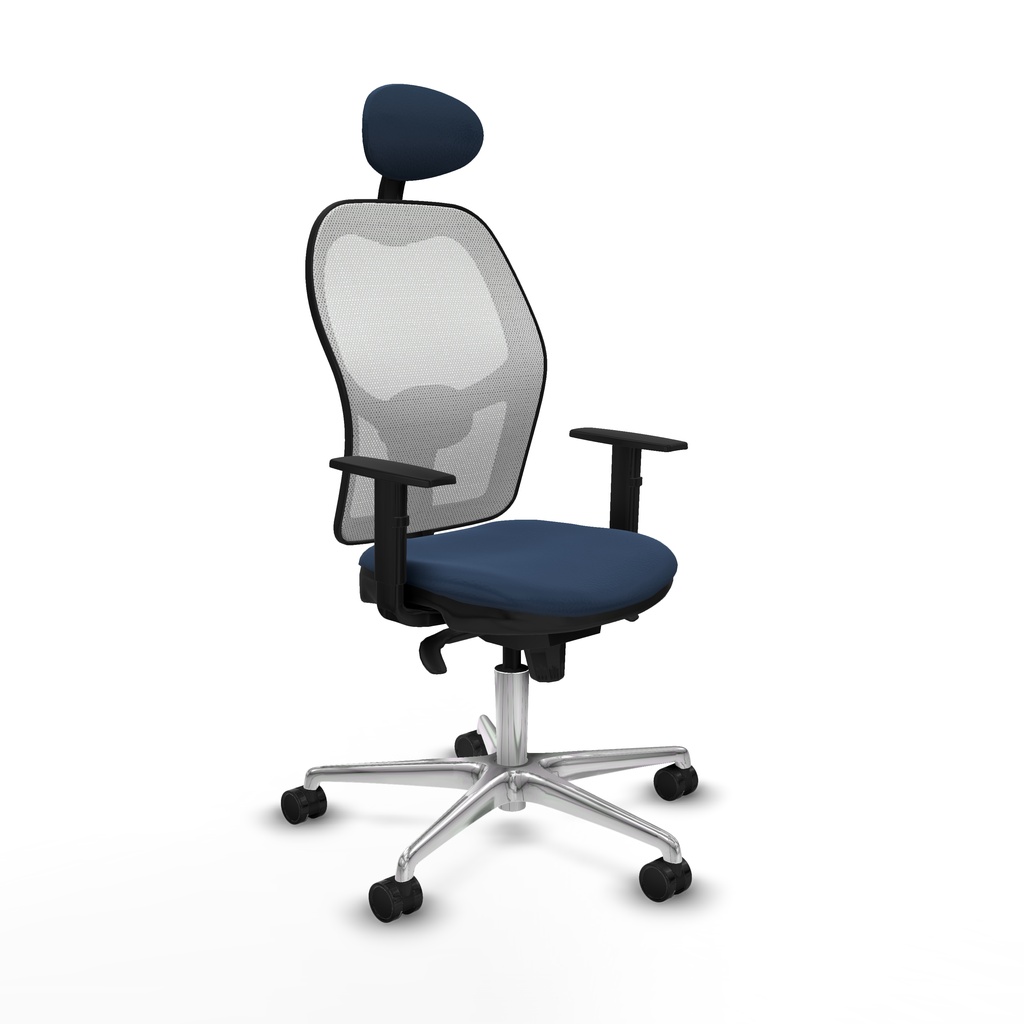 Jorquera sincro malla blanca similpiel azul marino brazos 1D base aluminio cabecero fijo ruedas 65mm nailon