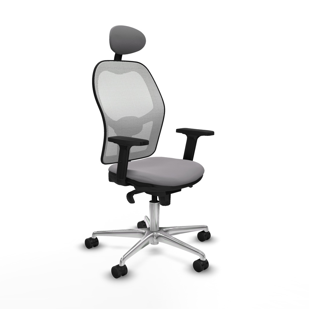 Jorquera sincro malla blanca similpiel gris brazos 2D base aluminio cabecero fijo ruedas 65mm nailon
