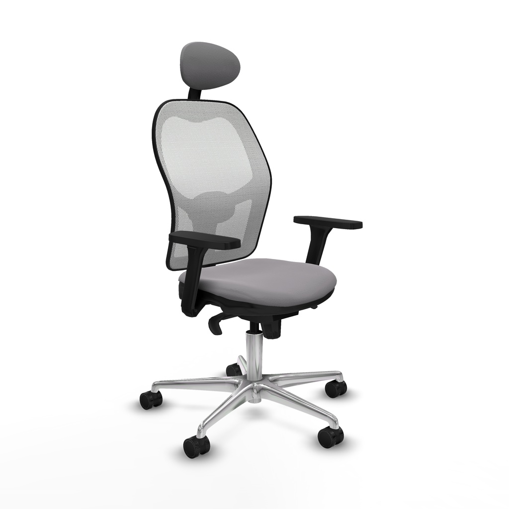 Jorquera sincro malla blanca similpiel gris brazos 3D base aluminio cabecero fijo ruedas 65mm nailon