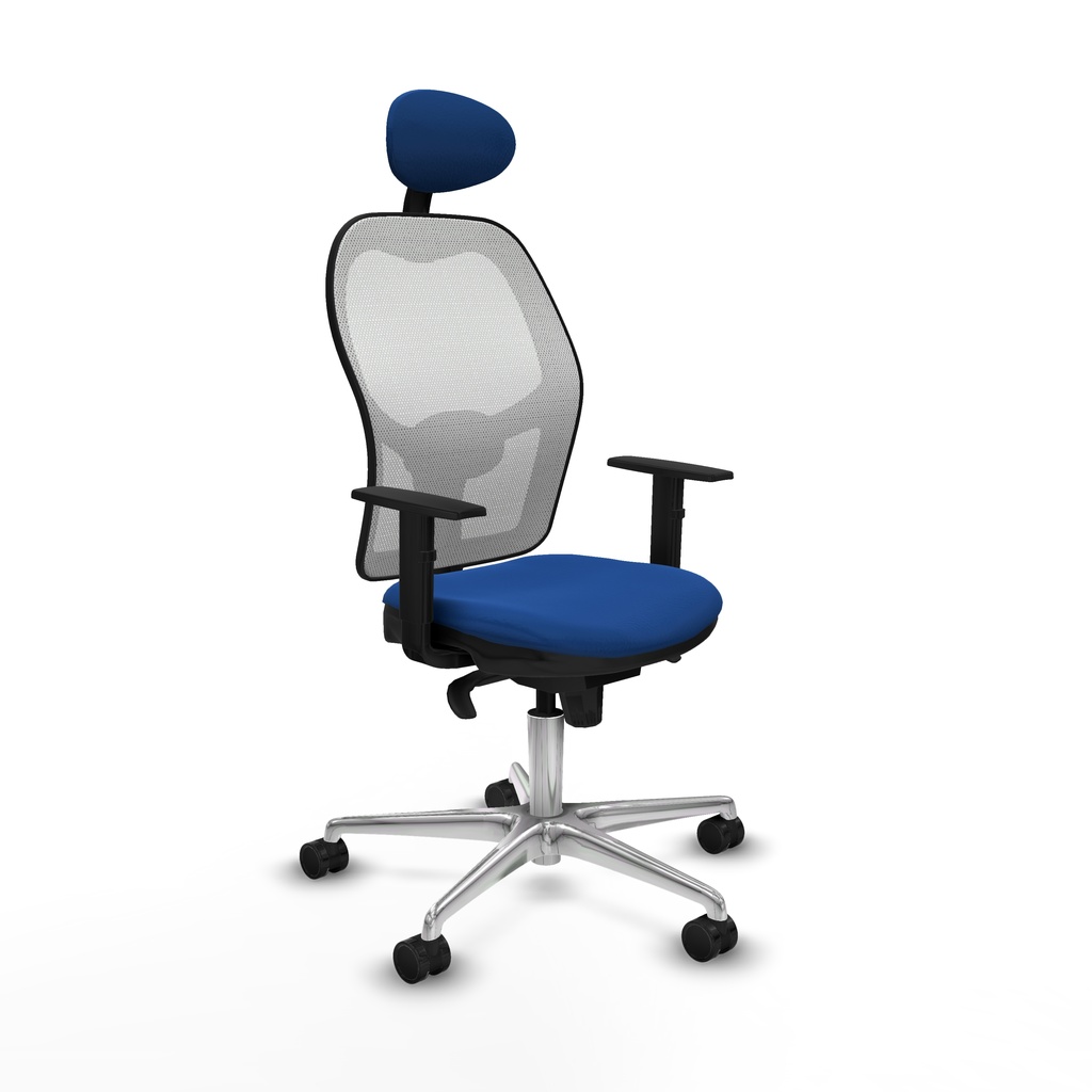 Jorquera sincro malla blanca similpiel azul brazos 1D base aluminio cabecero fijo ruedas 65mm nailon