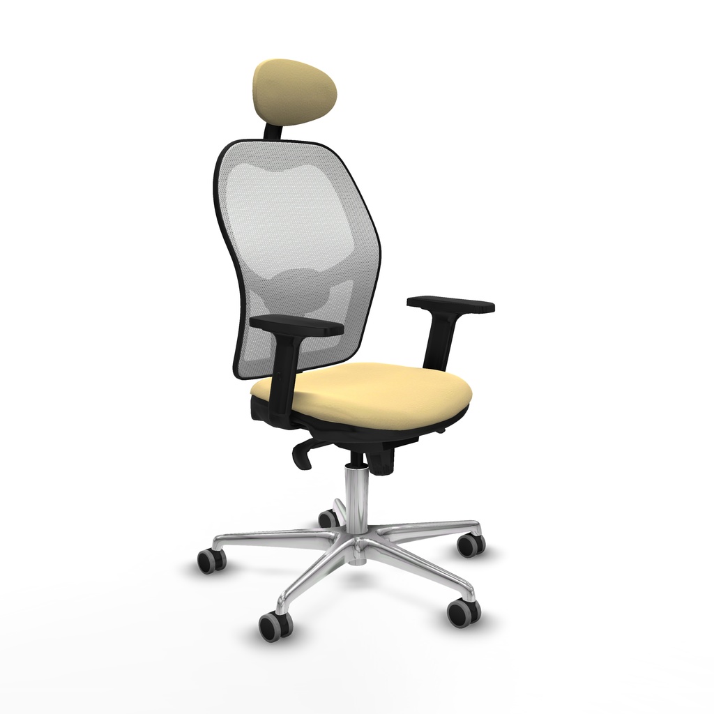 Jorquera sincro malla blanca similpiel crema brazos 2D base aluminio cabecero fijo ruedas 65mm engomada