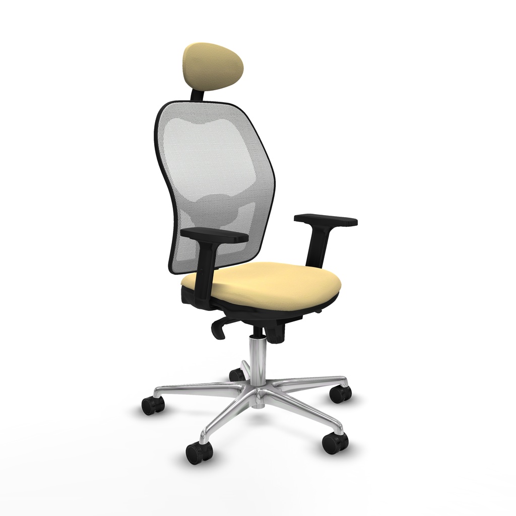 Jorquera sincro malla blanca similpiel crema brazos 2D base aluminio cabecero fijo ruedas 65mm nailon