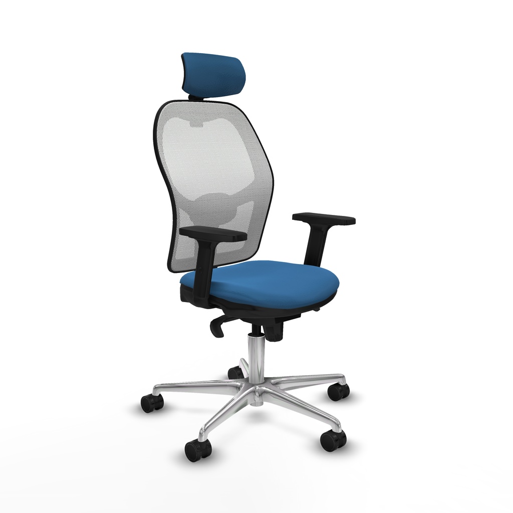 Jorquera sincro malla blanca similpiel azul claro brazos 2D base aluminio cabecero 2D ruedas 65mm nailon