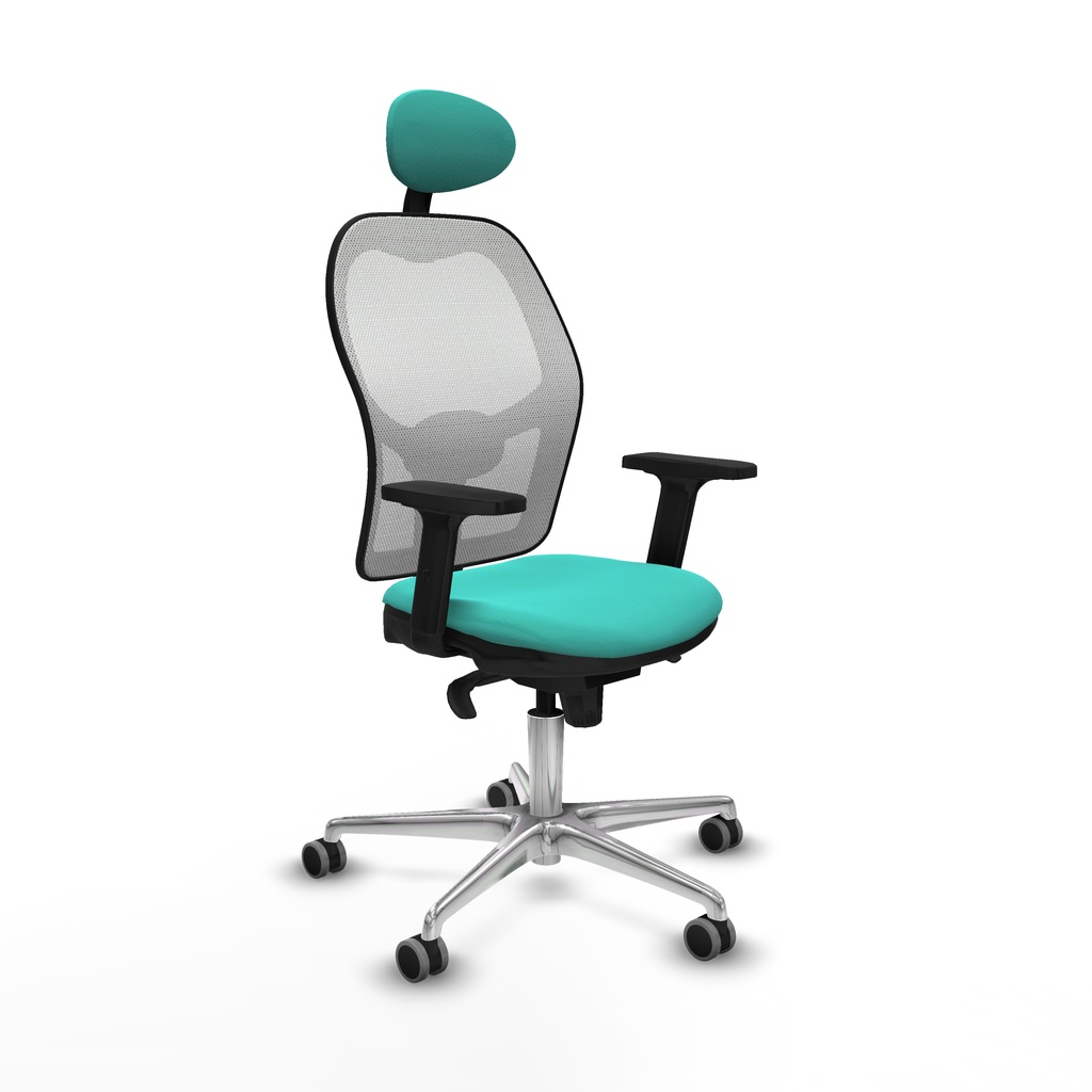 Jorquera sincro malla blanca similpiel turquesa brazos 2D base aluminio cabecero fijo ruedas 65mm engomada