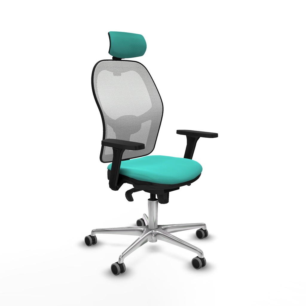 Jorquera sincro malla blanca similpiel turquesa brazos 3D base aluminio cabecero 2D ruedas 65mm engomada