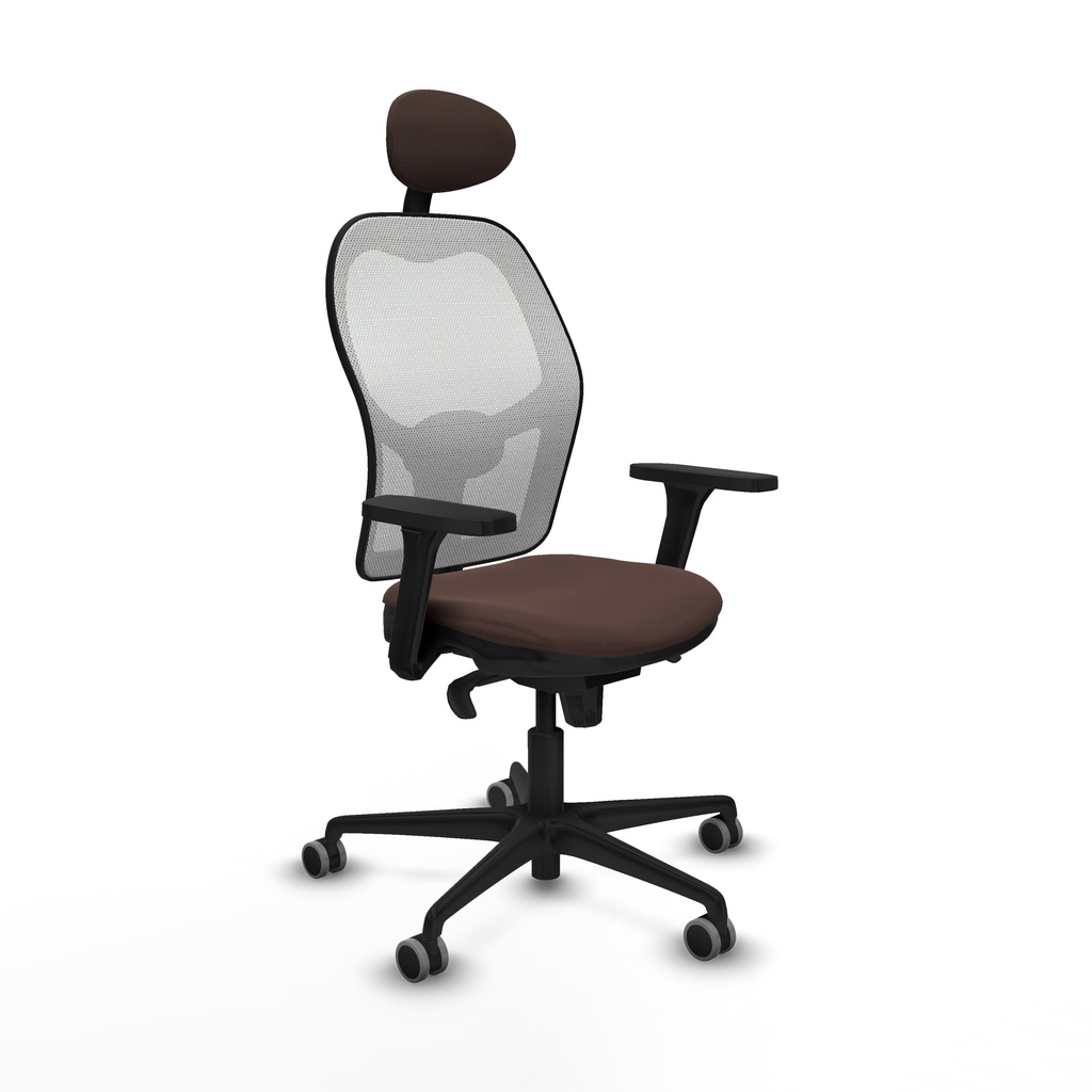 Jorquera sincro malla blanca similpiel marrón oscuro brazos 3D base nailon cabecero fijo ruedas 65mm engomada