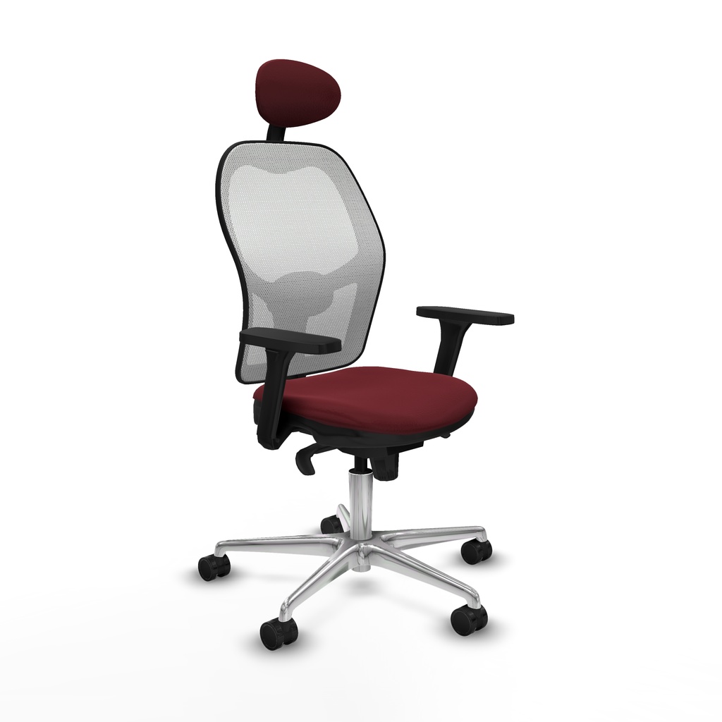 Jorquera sincro malla blanca similpiel granate brazos 3D base aluminio cabecero fijo ruedas 65mm nailon