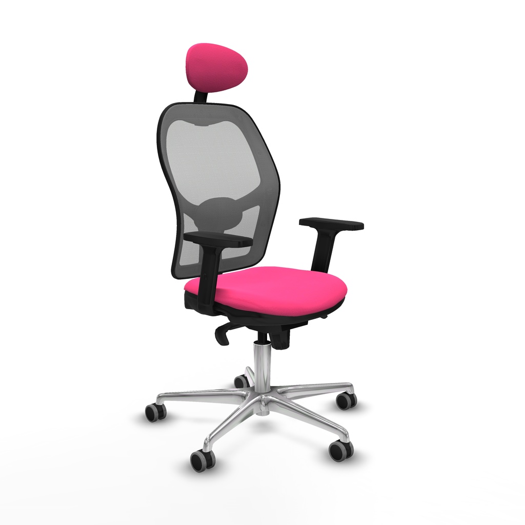 Jorquera sincro malla gris similpiel rosa brazos 2D base aluminio cabecero fijo ruedas 65mm engomada