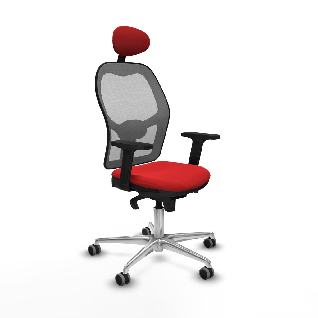 Jorquera sincro malla gris similpiel rojo brazos 2D base aluminio cabecero fijo ruedas 65mm engomada