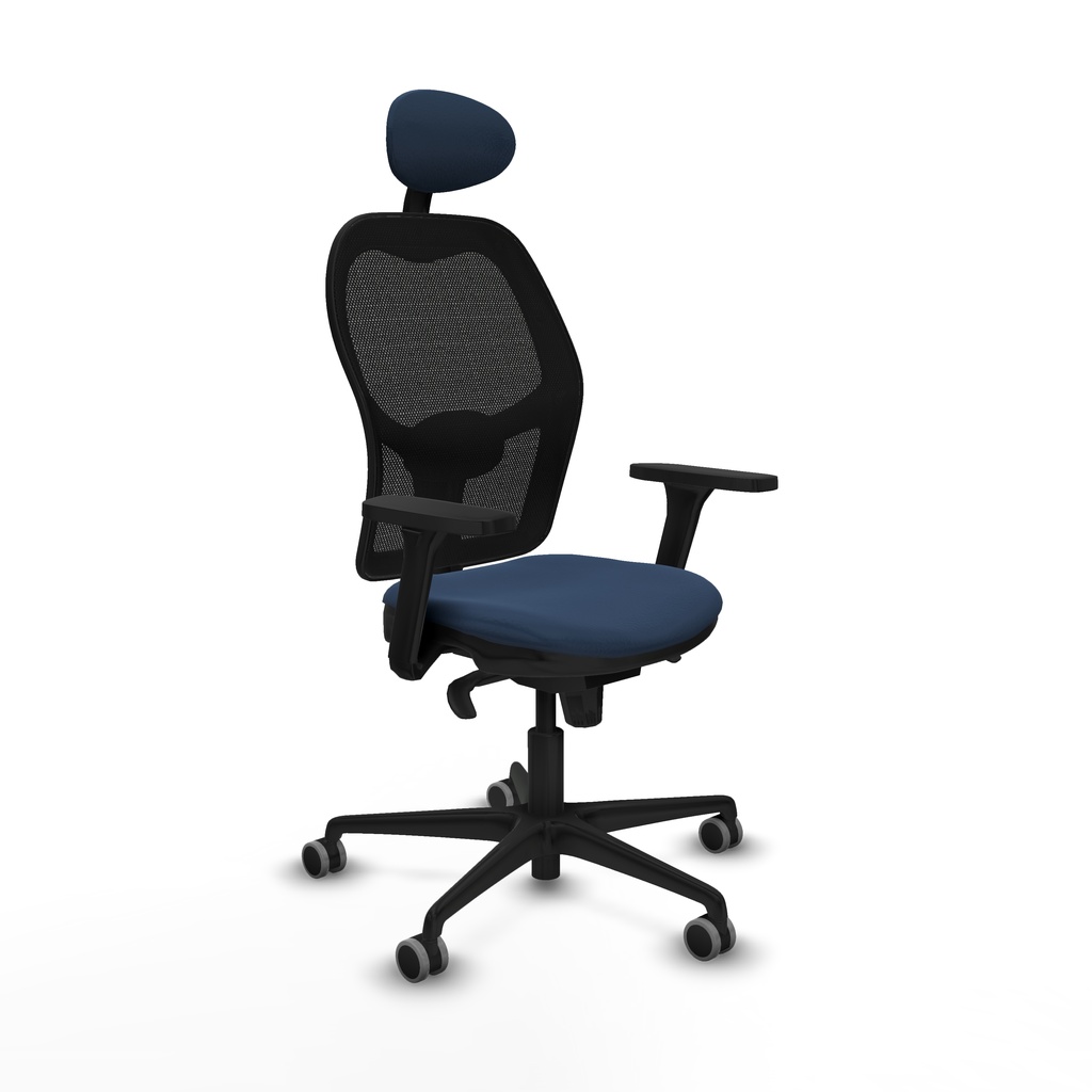 Jorquera sincro malla negra similpiel azul marino brazos 3D base nailon cabecero fijo ruedas 65mm engomada