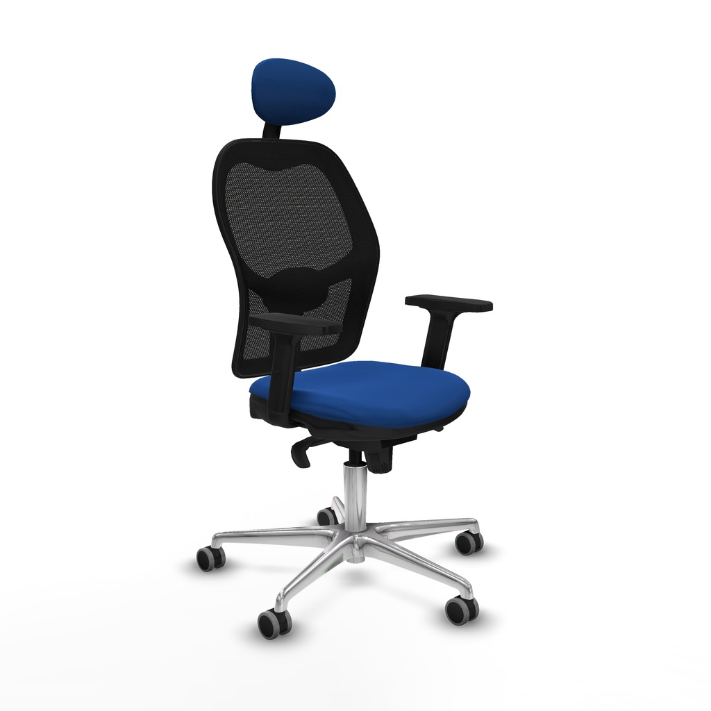 Jorquera sincro malla negra similpiel azul brazos 2D base aluminio cabecero fijo ruedas 65mm engomada