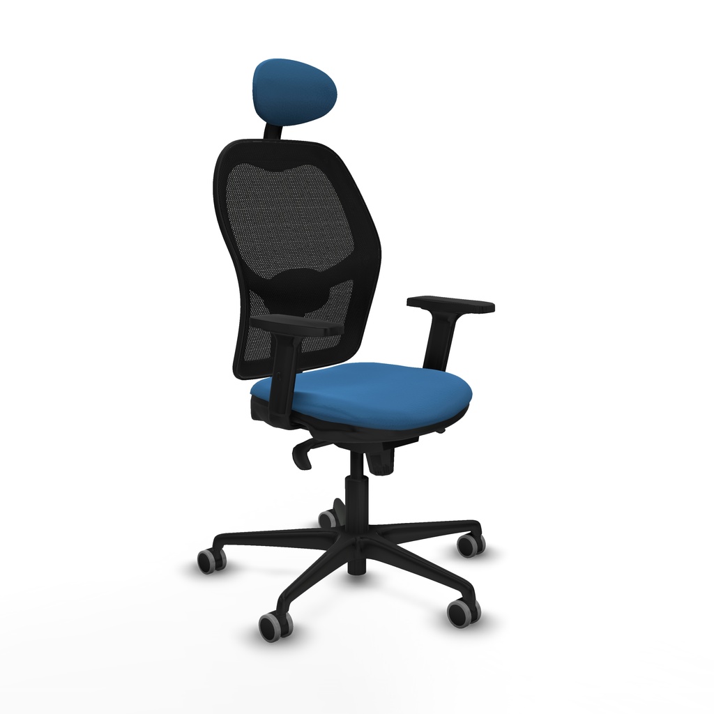 Jorquera sincro malla negra similpiel azul claro brazos 2D base nailon cabecero fijo ruedas 65mm engomada