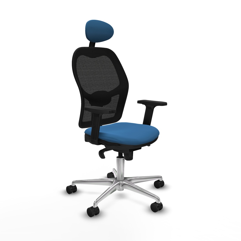 Jorquera sincro malla negra similpiel azul claro brazos 2D base aluminio cabecero fijo ruedas 65mm nailon