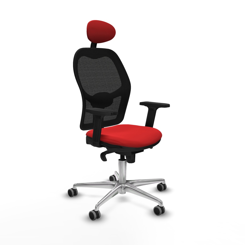 Jorquera sincro malla negra similpiel rojo brazos 2D base aluminio cabecero fijo ruedas 65mm engomada