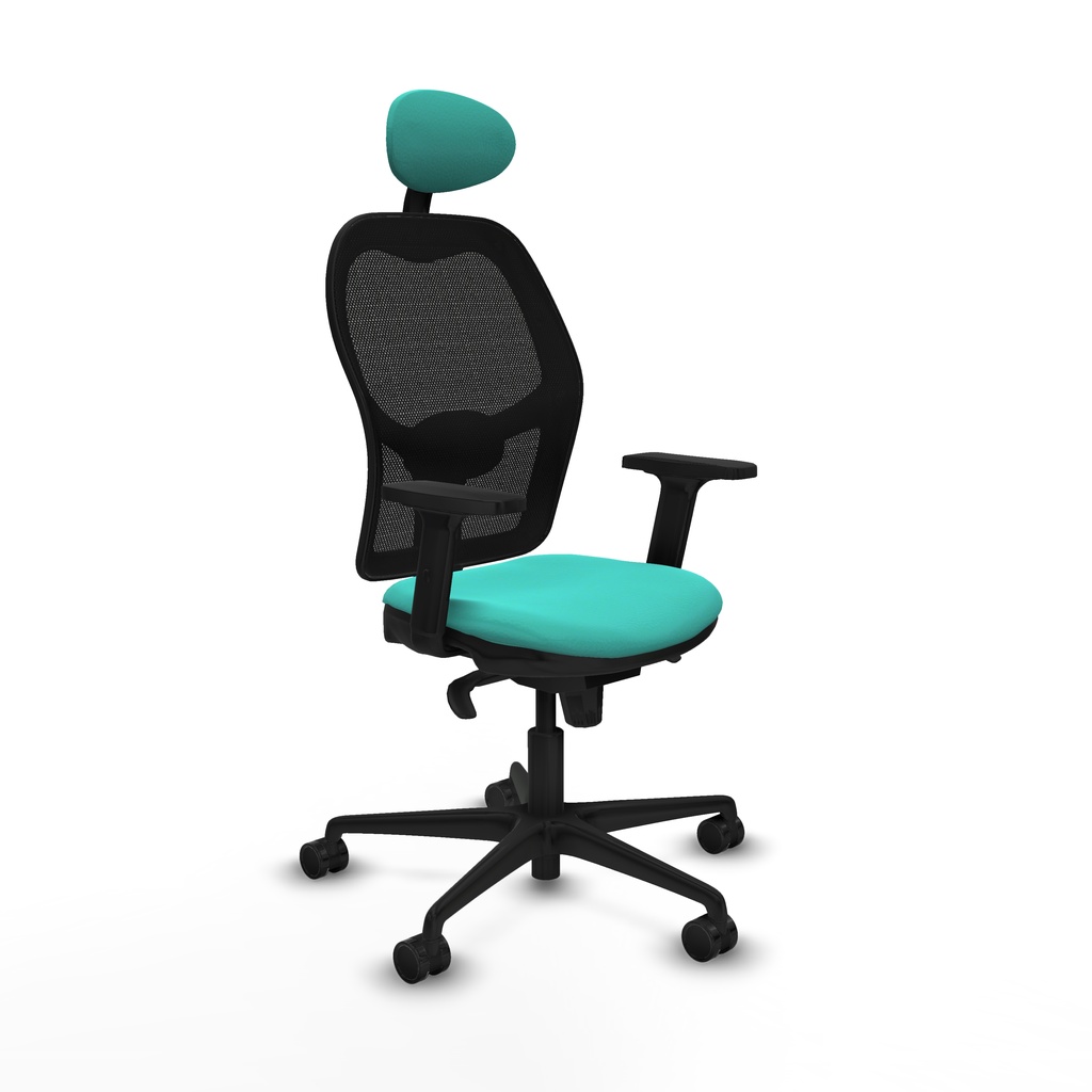 Jorquera sincro malla negra similpiel turquesa brazos 2D base nailon cabecero fijo ruedas 65mm nailon