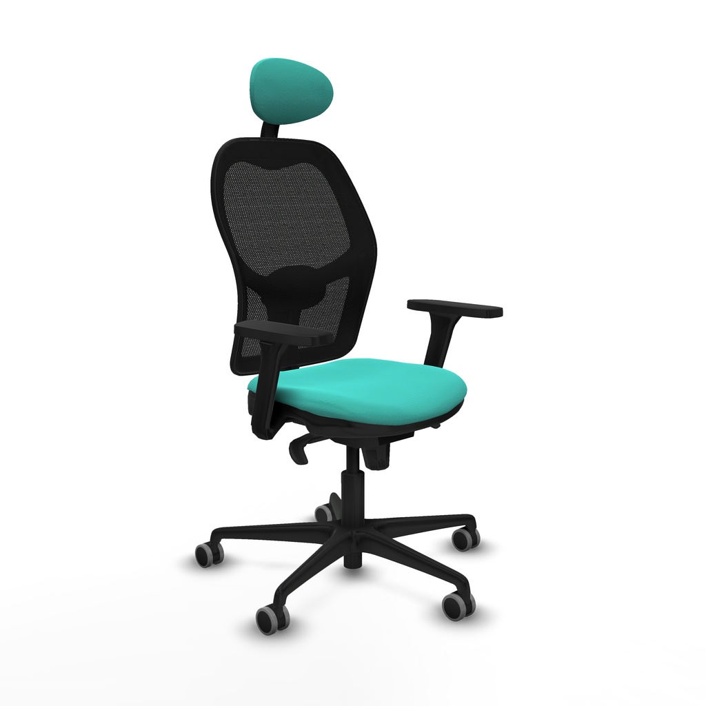 Jorquera sincro malla negra similpiel turquesa brazos 3D base nailon cabecero fijo ruedas 65mm engomada