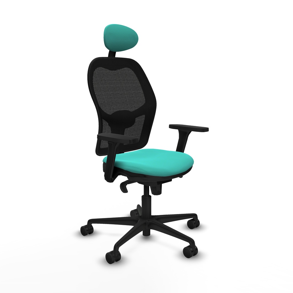 Jorquera sincro malla negra similpiel turquesa brazos 3D base nailon cabecero fijo ruedas 65mm nailon