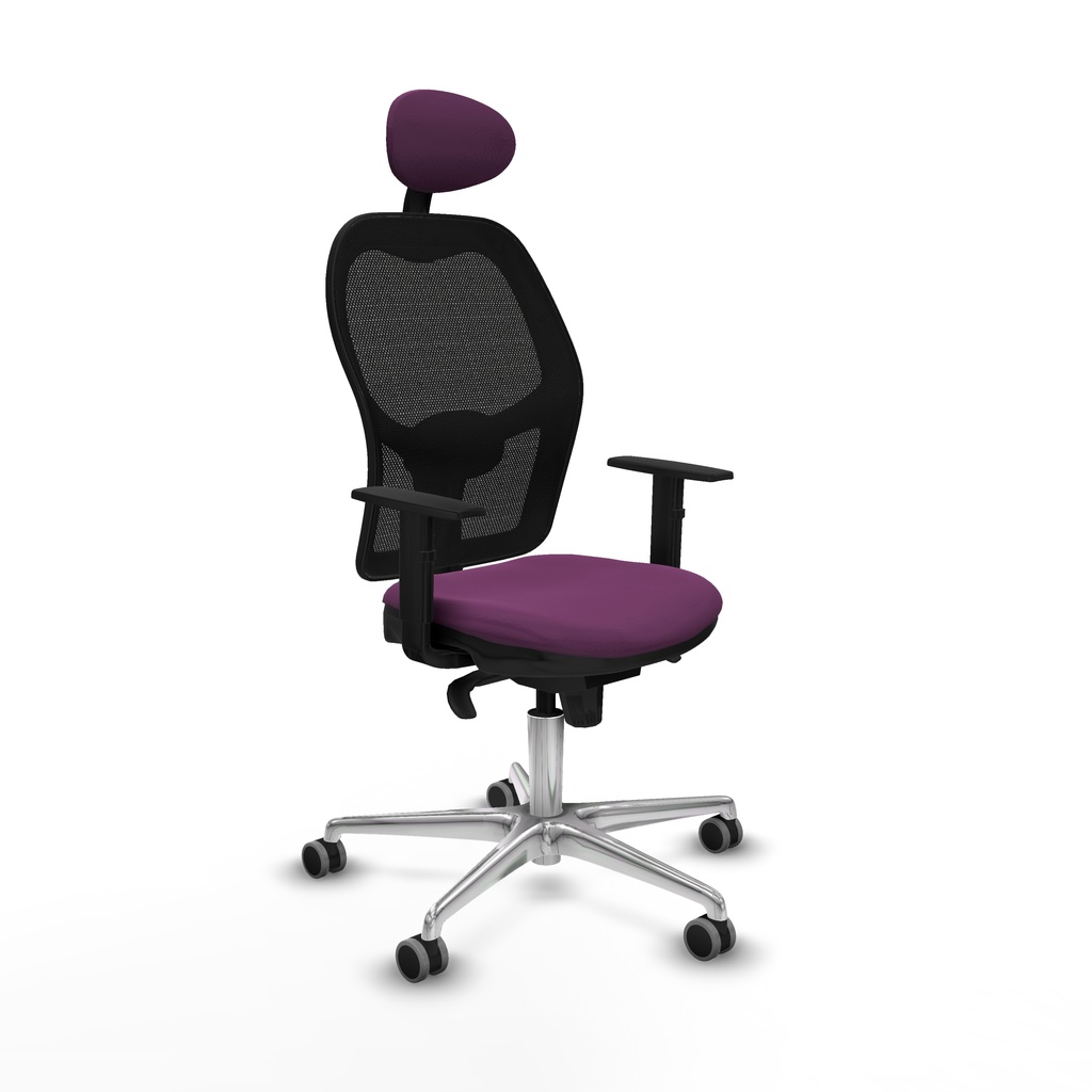 Jorquera sincro malla negra similpiel morado brazos 1D base aluminio cabecero fijo ruedas 65mm engomada