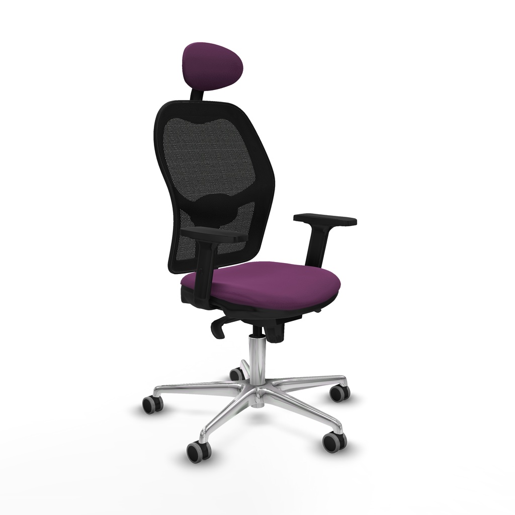 Jorquera sincro malla negra similpiel morado brazos 2D base aluminio cabecero fijo ruedas 65mm engomada