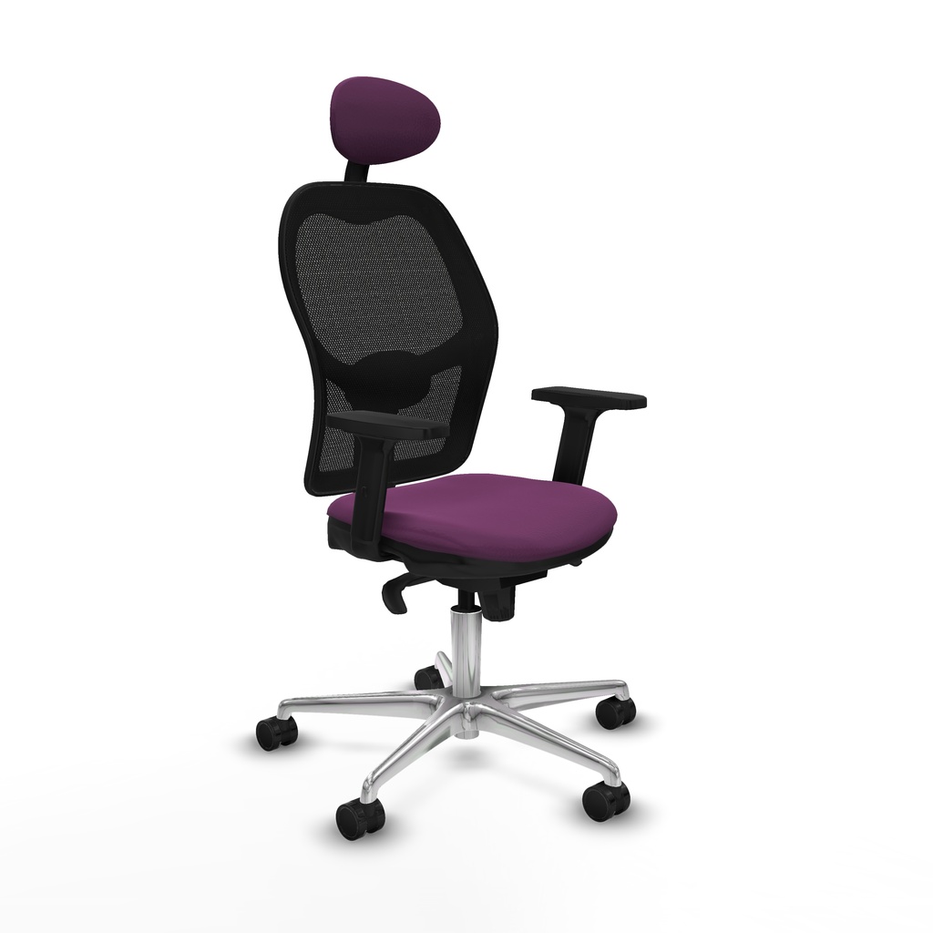 Jorquera sincro malla negra similpiel morado brazos 2D base aluminio cabecero fijo ruedas 65mm nailon