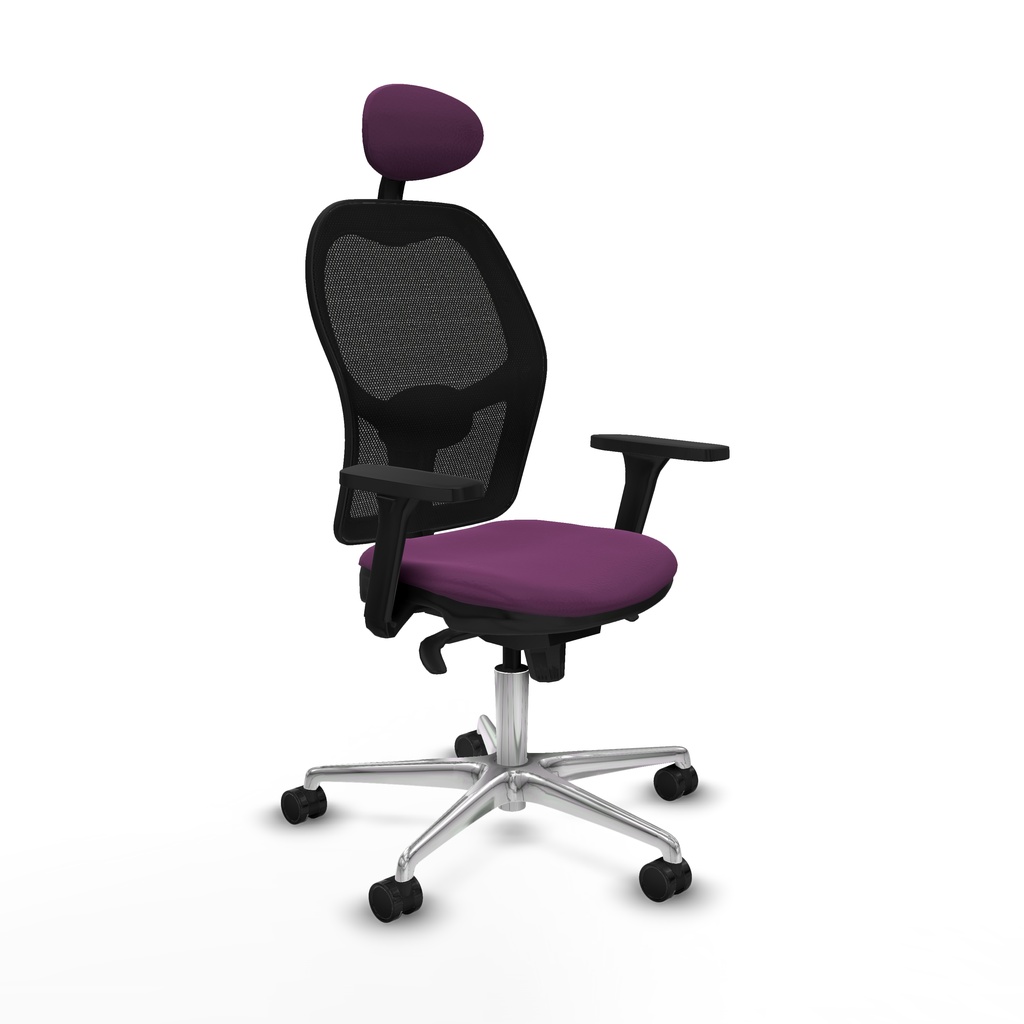 Jorquera sincro malla negra similpiel morado brazos 3D base aluminio cabecero fijo ruedas 65mm nailon