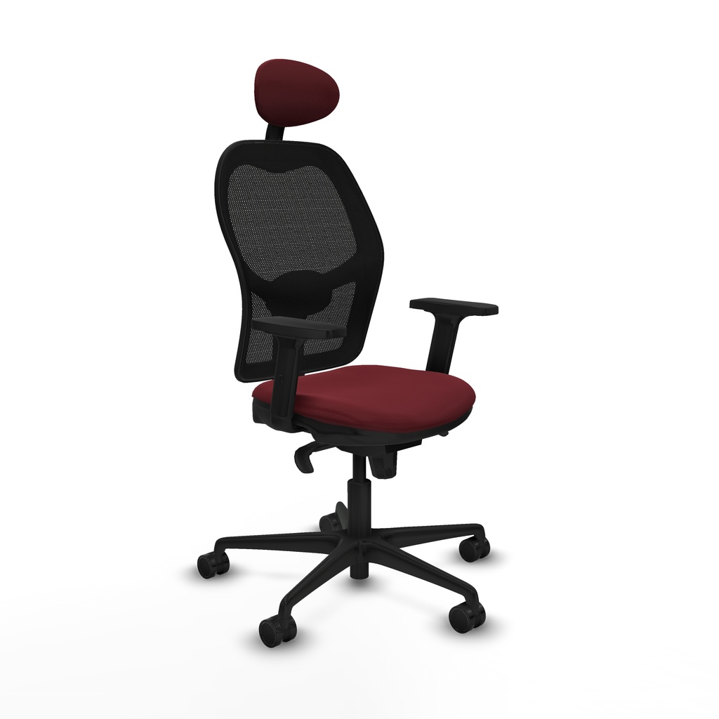 Jorquera sincro malla negra similpiel granate brazos 2D base nailon cabecero fijo ruedas 65mm nailon