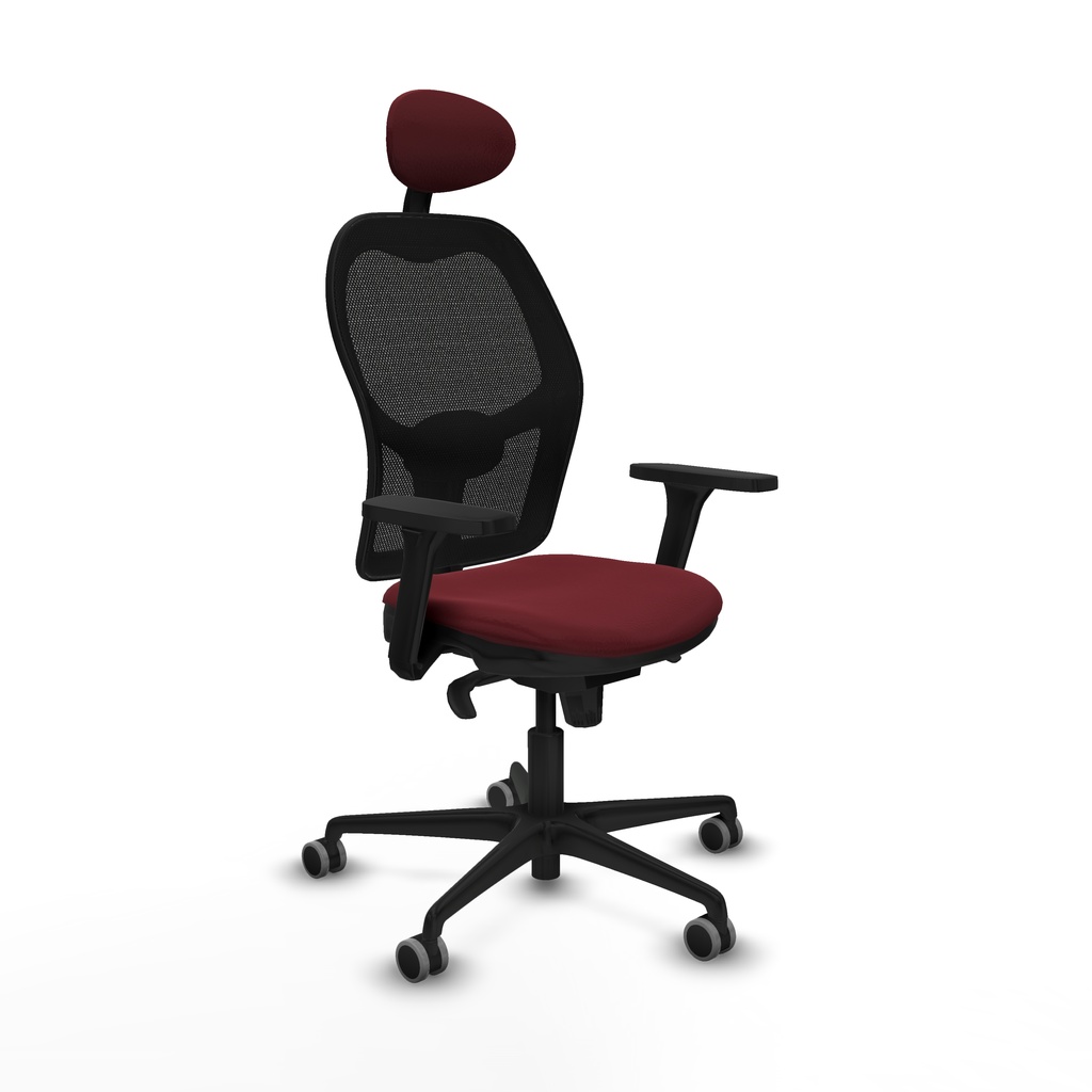 Jorquera sincro malla negra similpiel granate brazos 3D base nailon cabecero fijo ruedas 65mm engomada