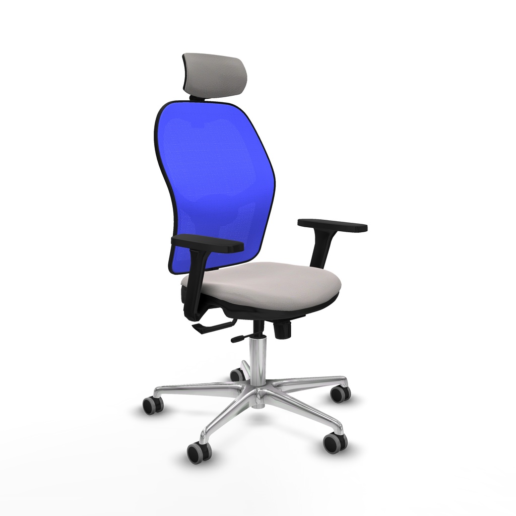 Jorquera traslack malla azul similpiel blanco brazos 3D base aluminio cabecero 2D ruedas 65mm engomada