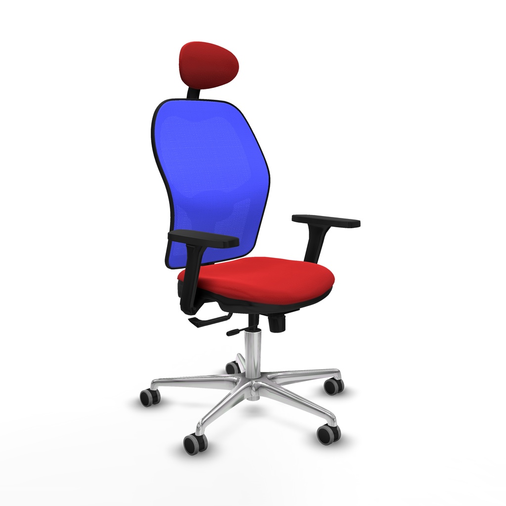 Jorquera traslack malla azul similpiel rojo brazos 3D base aluminio cabecero fijo ruedas 65mm engomada