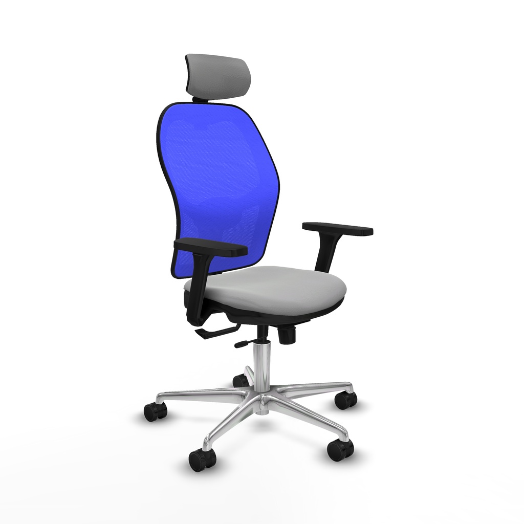 Jorquera traslack malla azul similpiel gris claro brazos 3D base aluminio cabecero 2D ruedas 65mm nailon